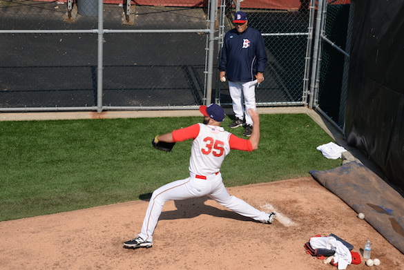 Dillon Gee warming up in the bullpen (Photo by Diana Colapietro)