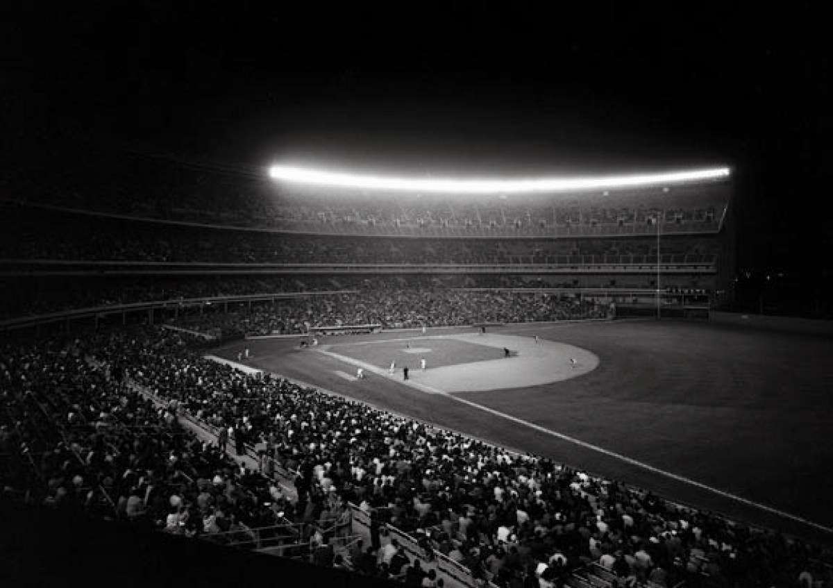 shea stadium night bw
